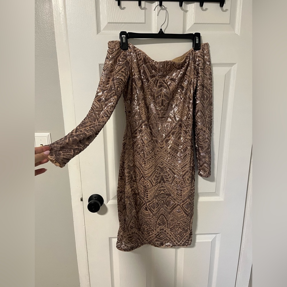 BCBG gold/brown sequin, off the shoulder dress. Size small.